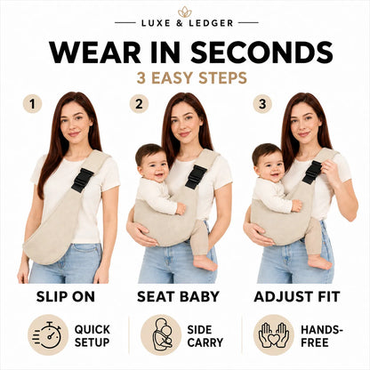 Instructional graphic showing a woman modeling a beige baby carrier in three steps: slip on, seat baby, and adjust fit, with text reading 'WEAR IN SECONDS' and '3 EASY STEPS'.