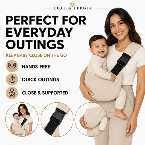 A woman wearing a beige baby carrier with a baby inside, shown on a white background with promotional text and three circular detail insets. The brand name Luxe & Ledger appears at the top.