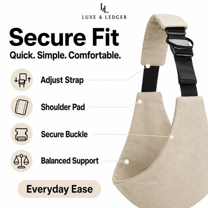 A beige padded shoulder support strap with a black adjustable buckle and strap, shown on a white background with marketing text and callout icons for features like adjustable strap, shoulder pad, secure buckle, and balanced support. Brand name Luxe & Ledger is visible at the top.