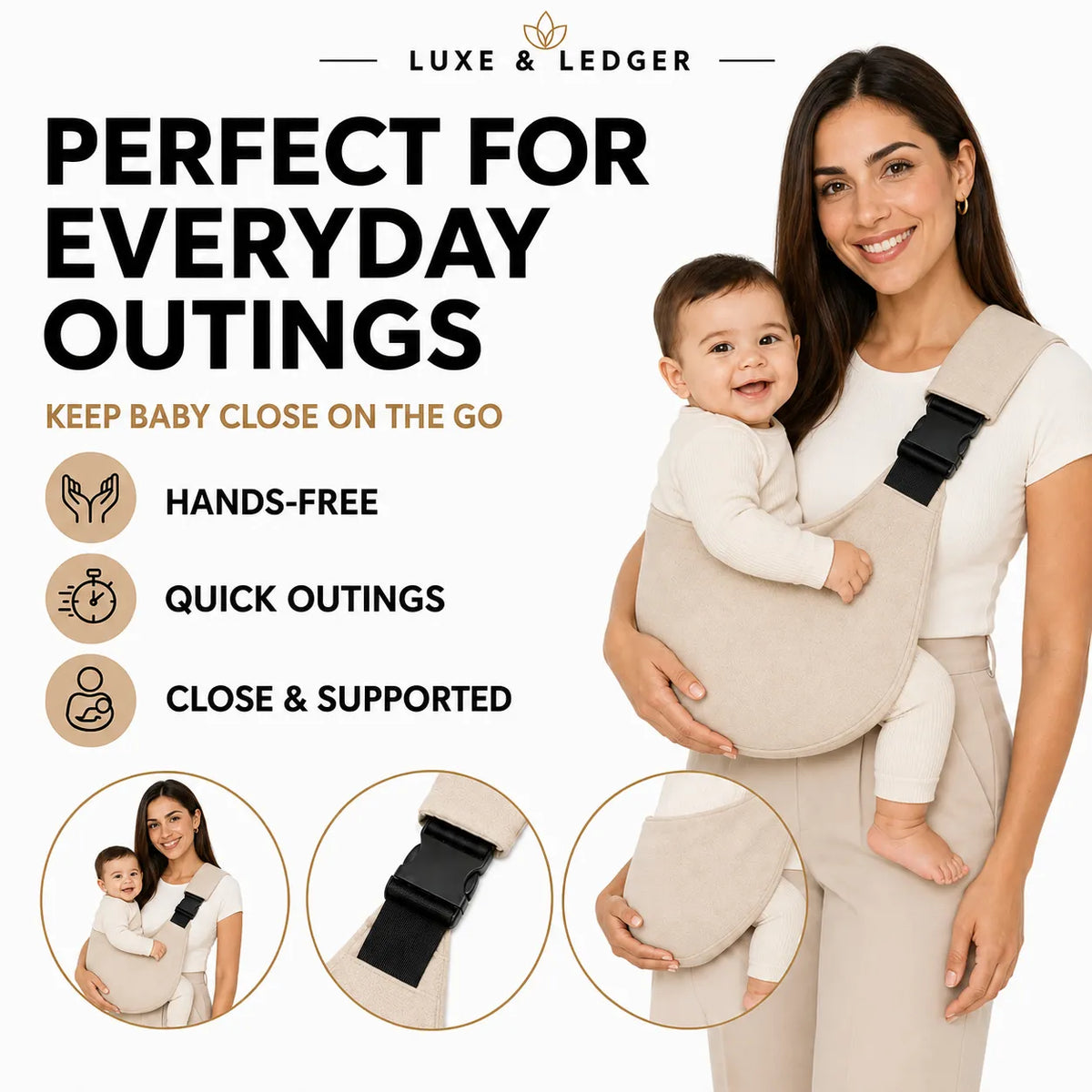 A woman wearing a beige baby carrier with a baby inside, shown on a white background with promotional text and three circular detail insets. The brand name Luxe & Ledger appears at the top.