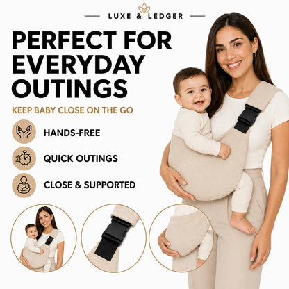 A woman wearing a beige baby carrier with a baby inside, shown on a white background with promotional text and three circular detail insets. The brand name Luxe & Ledger appears at the top.