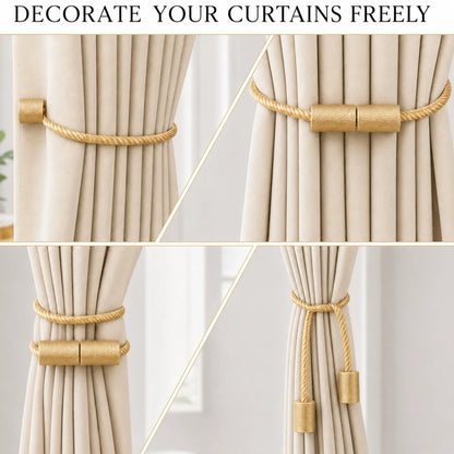 A four-panel collage showing a gold curtain tieback accessory tied around beige curtains in different styles. The top text reads 'DECORATE YOUR CURTAINS FREELY.