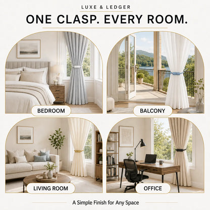 A promotional graphic for Luxe & Ledger curtains, featuring four arched panels showing the curtains styled in different interior settings: a bedroom, a balcony, a living room, and an office. The top of the graphic reads 'ONE CLASP.