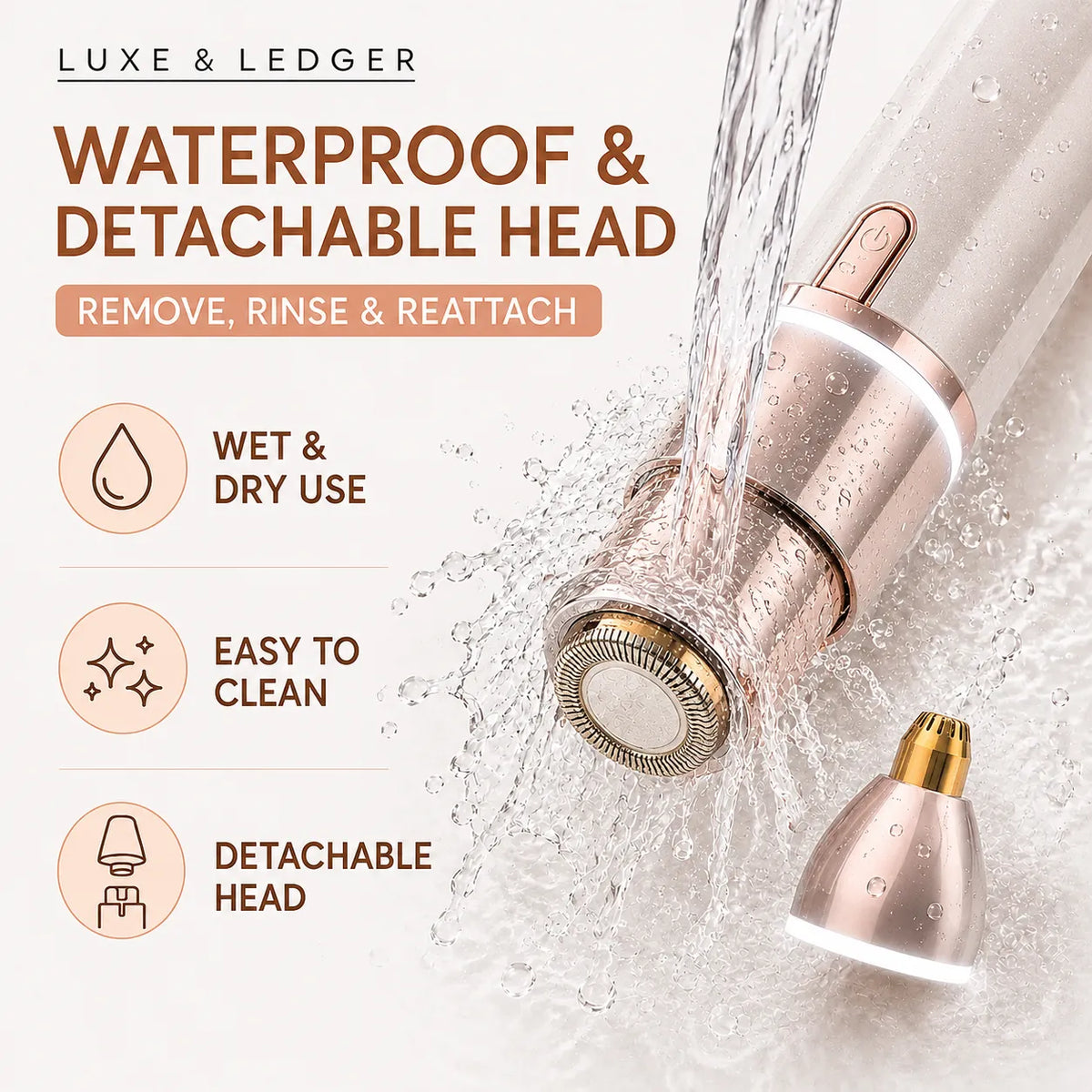 A rose gold and white electric facial cleansing brush with a detachable head, shown under running water with text highlighting waterproof and detachable head features.