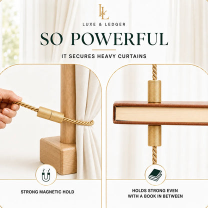 Luxe & Ledger magnetic curtain tieback shown in a styled interior scene with a hand holding the rope and a book demonstrating its strong hold, under the text 'SO POWERFUL IT SECURES HEAVY CURTAINS'.