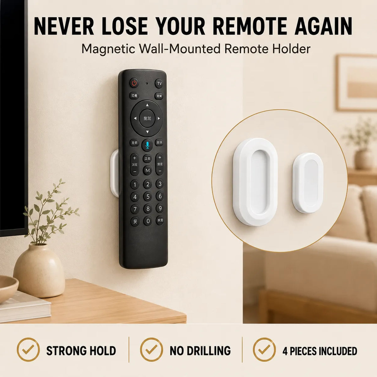 A black TV remote mounted on a beige wall as a white magnetic holder, with marketing text at the top and bottom and a circular inset showing two white oval holder pieces.