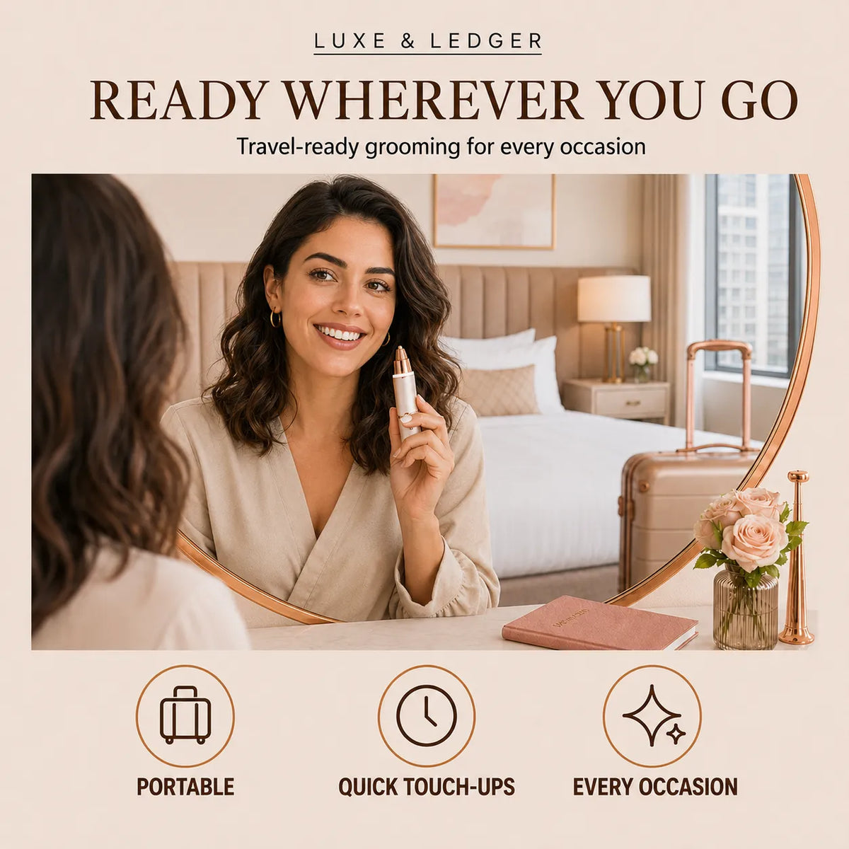 A woman in a beige robe smiles in a mirror while holding a gold tube of lipstick. The scene is set in a modern bedroom with a suitcase, lamp, and flowers, under the Luxe & Ledger brand logo and text that reads 'READY WHEREVER YOU GO' and 'Travel-ready grooming for every occasion.