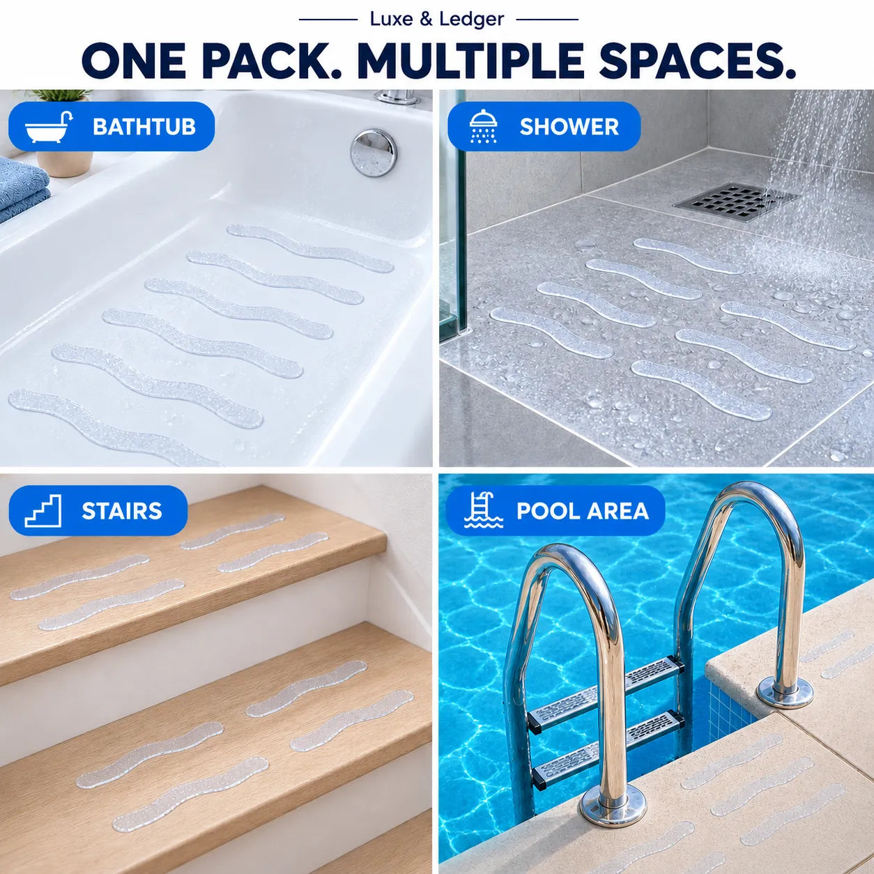 Four-panel collage showing clear wavy non-slip bath mats in use in a bathtub, shower, wooden stairs, and pool area. Large text at the top reads 'ONE PACK.