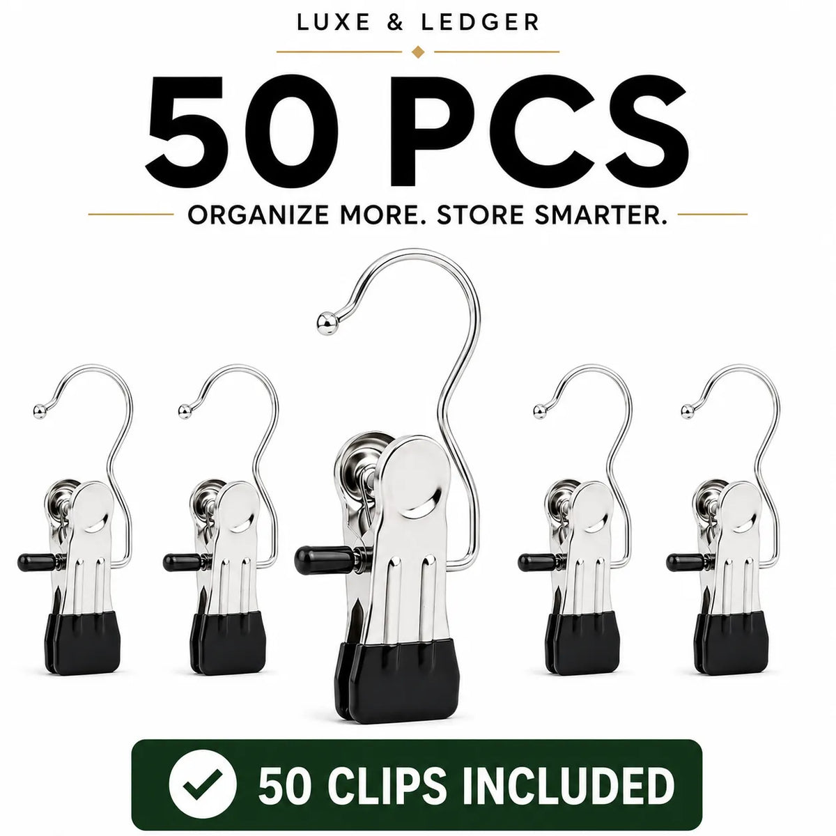 Five silver metal and black plastic hanging clips arranged on a white background, with large text reading '50 PCS' and 'ORGANIZE MORE. STORE SMARTER.