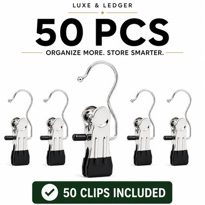 Five silver metal and black plastic hanging clips arranged on a white background, with large text reading '50 PCS' and 'ORGANIZE MORE. STORE SMARTER.