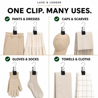 A promotional graphic for a multi-use garment and textile clip. The image features the brand name 'LUXE & LEDGER' at the top, with the headline 'ONE CLIP.