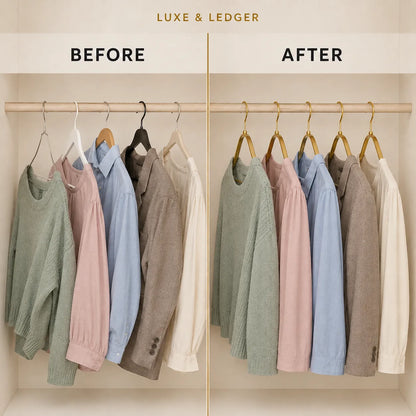 A before-and-after comparison of a closet organization system. On the left ('BEFORE'), multiple garments hang from silver and wooden hangers on a wooden rod, with some overlapping.