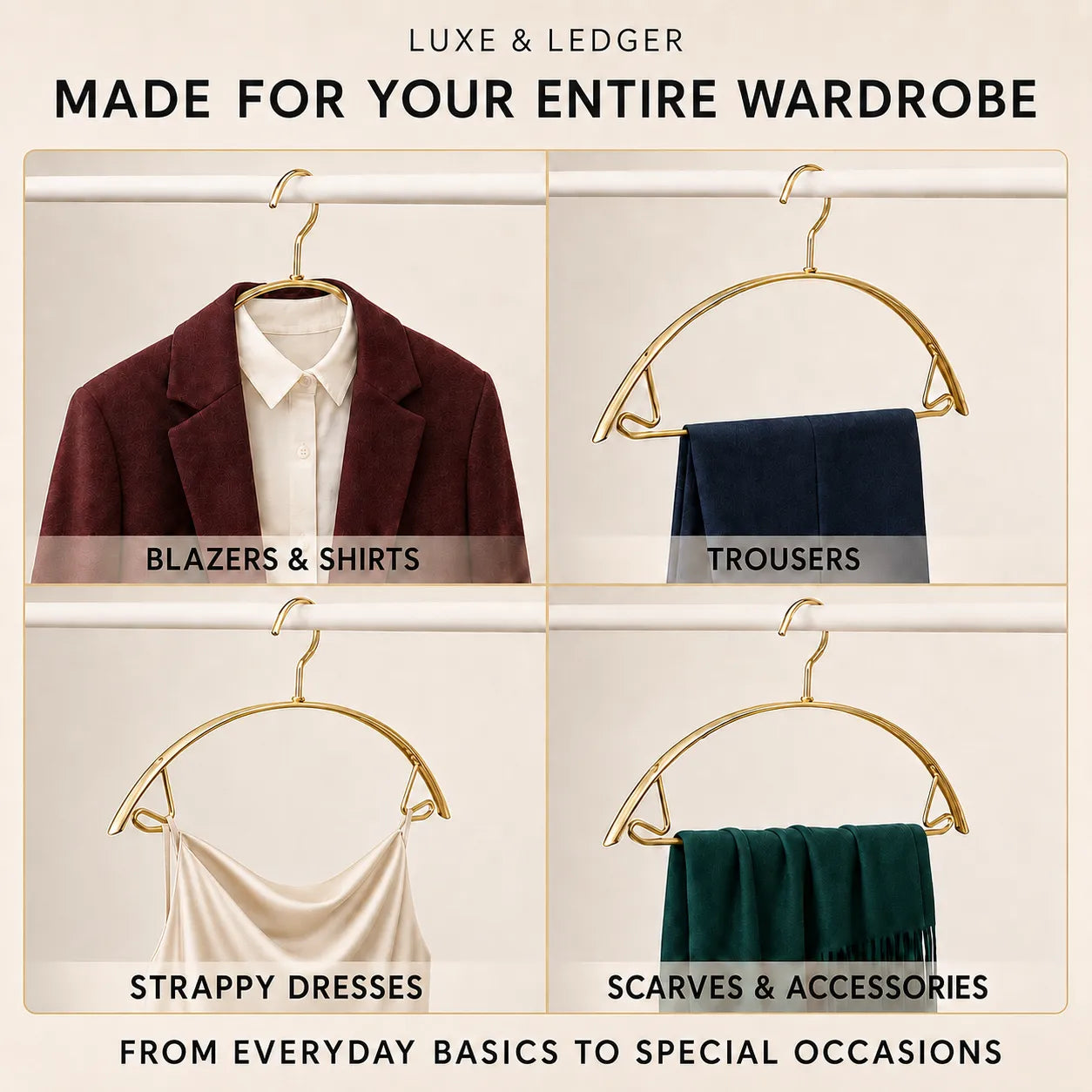 Promotional graphic for a hanger designed for the entire wardrobe, showing four categories: Blazers & Shirts, Trousers, Strappy Dresses, and Scarves & Accessories. Each category features a gold hanger holding a different colored garment (burgundy, navy, cream, and dark green) against a light beige background with Luxe & Ledger branding.