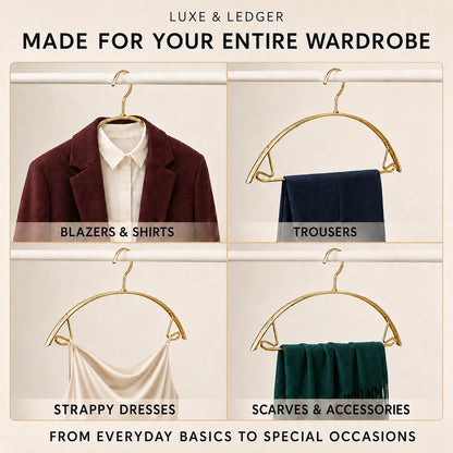 Promotional graphic for a hanger designed for the entire wardrobe, showing four categories: Blazers & Shirts, Trousers, Strappy Dresses, and Scarves & Accessories. Each category features a gold hanger holding a different colored garment (burgundy, navy, cream, and dark green) against a light beige background with Luxe & Ledger branding.