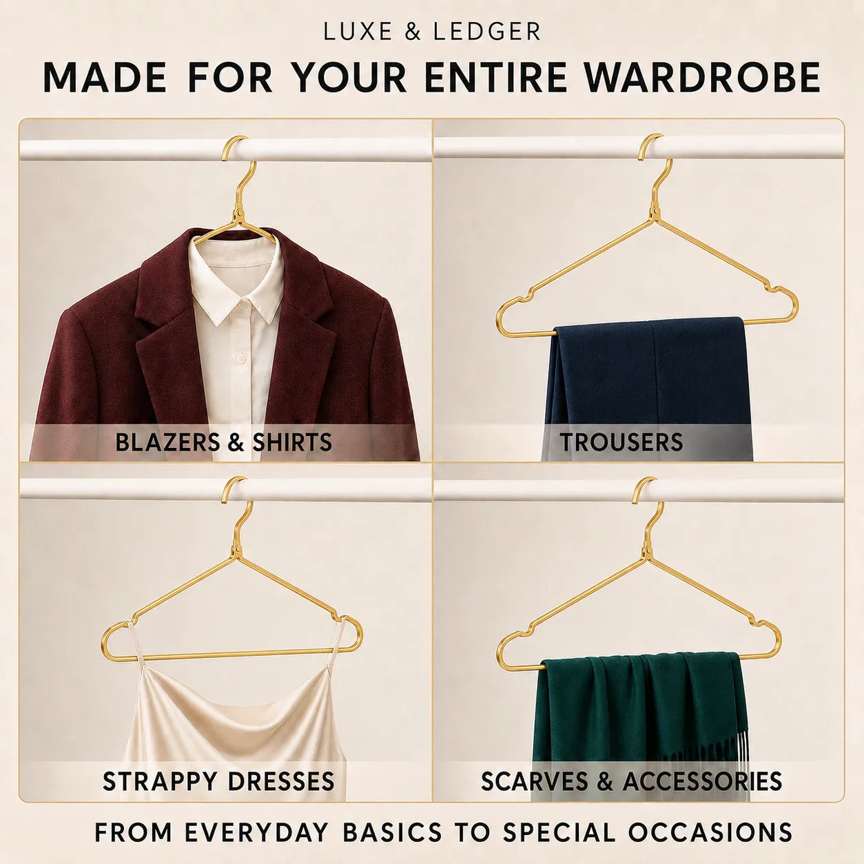 A promotional graphic for a gold hanger set designed for the entire wardrobe, showing four quadrants demonstrating use for blazers and shirts, trousers, strappy dresses, and scarves. The text at the top reads 'LUXE & LEDGER MADE FOR YOUR ENTIRE WARDROBE' and the bottom reads 'FROM EVERYDAY BASICS TO SPECIAL OCCASIONS'.