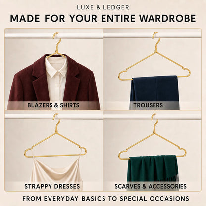 A promotional graphic for a gold hanger set designed for the entire wardrobe, showing four quadrants demonstrating use for blazers and shirts, trousers, strappy dresses, and scarves. The text at the top reads 'LUXE & LEDGER MADE FOR YOUR ENTIRE WARDROBE' and the bottom reads 'FROM EVERYDAY BASICS TO SPECIAL OCCASIONS'.