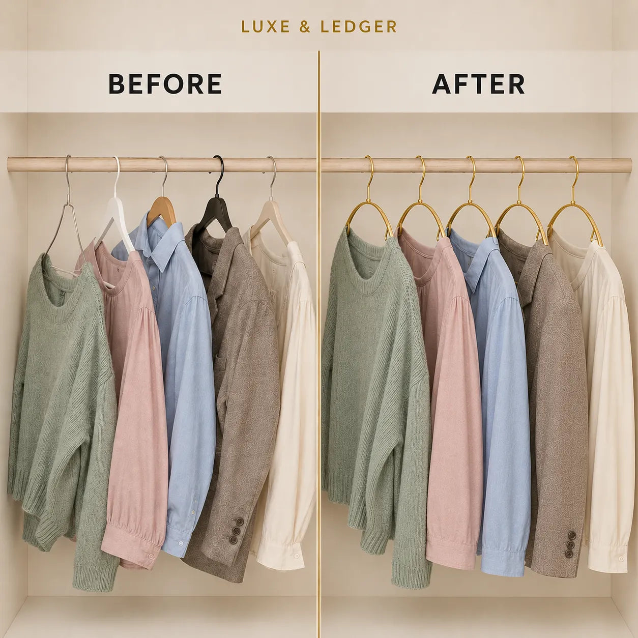 A before-and-after comparison showing a closet organization system. On the left ('BEFORE'), multiple garments hang on mixed hangers from a single rod, creating a cluttered look.