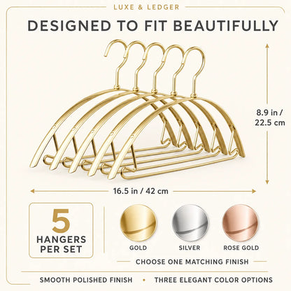 Gold metal hanger set with dimension labels, showing 5 hangers per set and three finish options: gold, silver, and rose gold. Text reads 'DESIGNED TO FIT BEAUTIFULLY' and 'LUXE & LEDGER'.