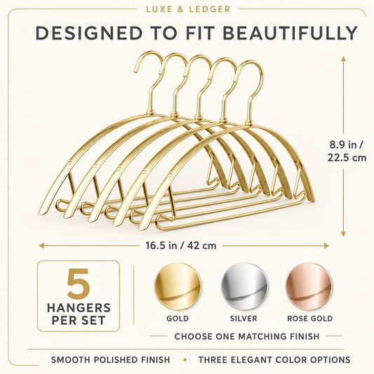 Gold metal hanger set with dimension labels, showing 5 hangers per set and three finish options: gold, silver, and rose gold. Text reads 'DESIGNED TO FIT BEAUTIFULLY' and 'LUXE & LEDGER'.