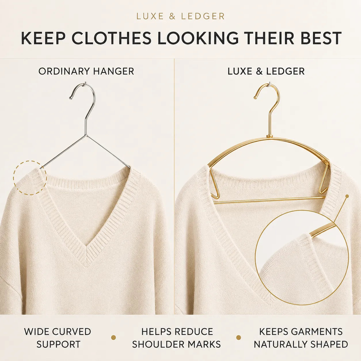 Promotional comparison graphic for Luxe & Ledger hangers, showing a cream knit sweater draped over a silver wire hanger on the left and a cream knit sweater draped over a gold-tone Luxe & Ledger hanger on the right, with text highlighting wider curved support, reduced shoulder marks, and natural shape retention.