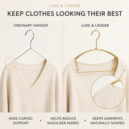 Promotional comparison graphic for Luxe & Ledger hangers, showing a cream knit sweater draped over a silver wire hanger on the left and a cream knit sweater draped over a gold-tone Luxe & Ledger hanger on the right, with text highlighting wider curved support, reduced shoulder marks, and natural shape retention.