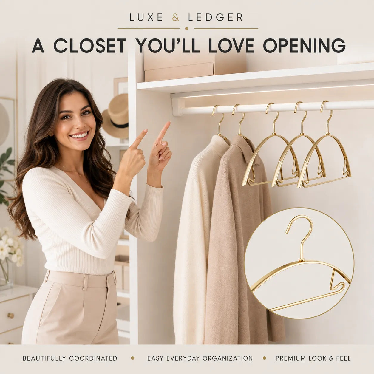 A promotional image for gold closet hangers showing a woman pointing to a white closet organizer with beige garments hanging on gold hangers. The image includes the text 'LUXE & LEDGER' and 'A CLOSET YOU'LL LOVE OPENING', plus a circular inset showing a close-up of the hanger.