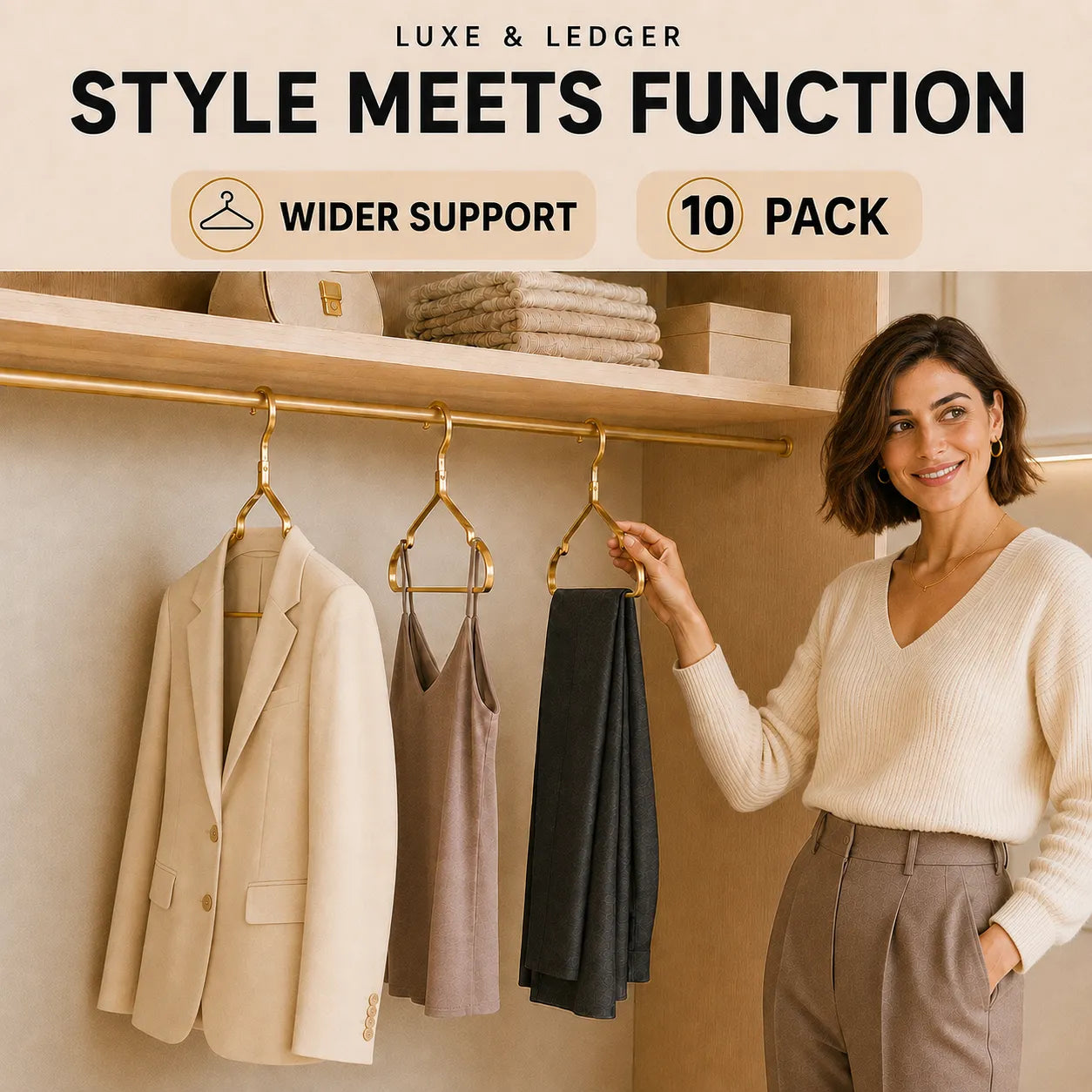 A woman stands in a styled closet wearing a cream sweater and taupe pants, while three garments hang from gold-tone hangers on a wooden rod. Large text at the top reads 'LUXE & LEDGER STYLE MEETS FUNCTION' with 'WIDER SUPPORT' and '10 PACK' below.