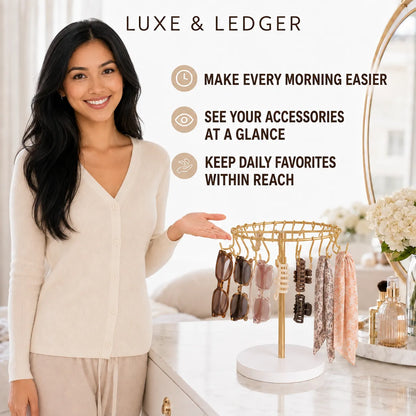A woman in a cream cardigan stands beside a gold and white jewelry organizer on a vanity, with text reading 'LUXE & LEDGER' and three benefit callouts about making mornings easier, seeing accessories at a glance, and keeping favorites within reach.