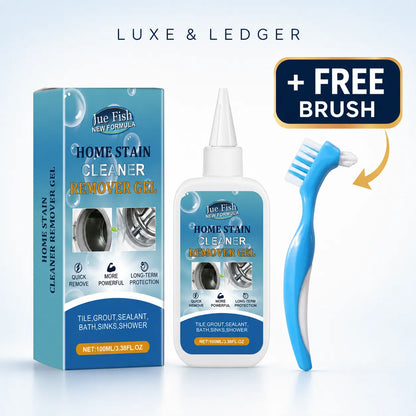 Luxe & Ledger Home Stain Cleaner Remover Gel 100ml bottle and box with free dual-head brush, for tile, grout, sealant, bath, sinks and shower