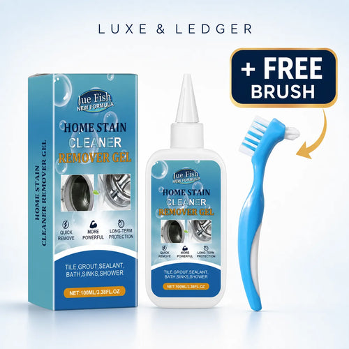 Luxe & Ledger Home Stain Cleaner Remover Gel 100ml bottle and box with free dual-head brush, for tile, grout, sealant, bath, sinks and shower