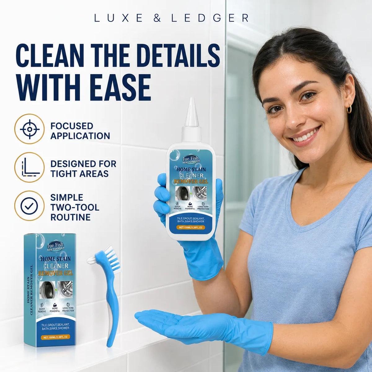 A smiling woman in a blue shirt and blue gloves holds a bottle of Luxe & Ledger Hose Clean Cleaner next to its box and applicator brush against a white tiled wall background.