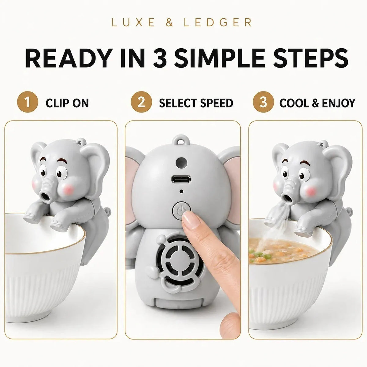 Instruction graphic showing how to use a small gray elephant-shaped electric heating pad in three steps: clip on, select speed, and cool & enjoy. The center panel shows a finger pressing the control button on the back of the elephant device, with the first and third panels showing the product attached to a white bowl.