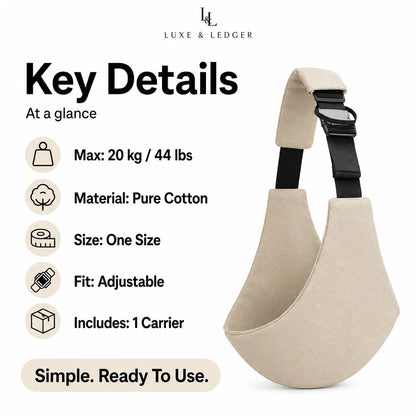 A beige fabric pet carrier sling with black adjustable straps and a plastic buckle, shown on a white background with text detailing its features by Luxe & Ledger.