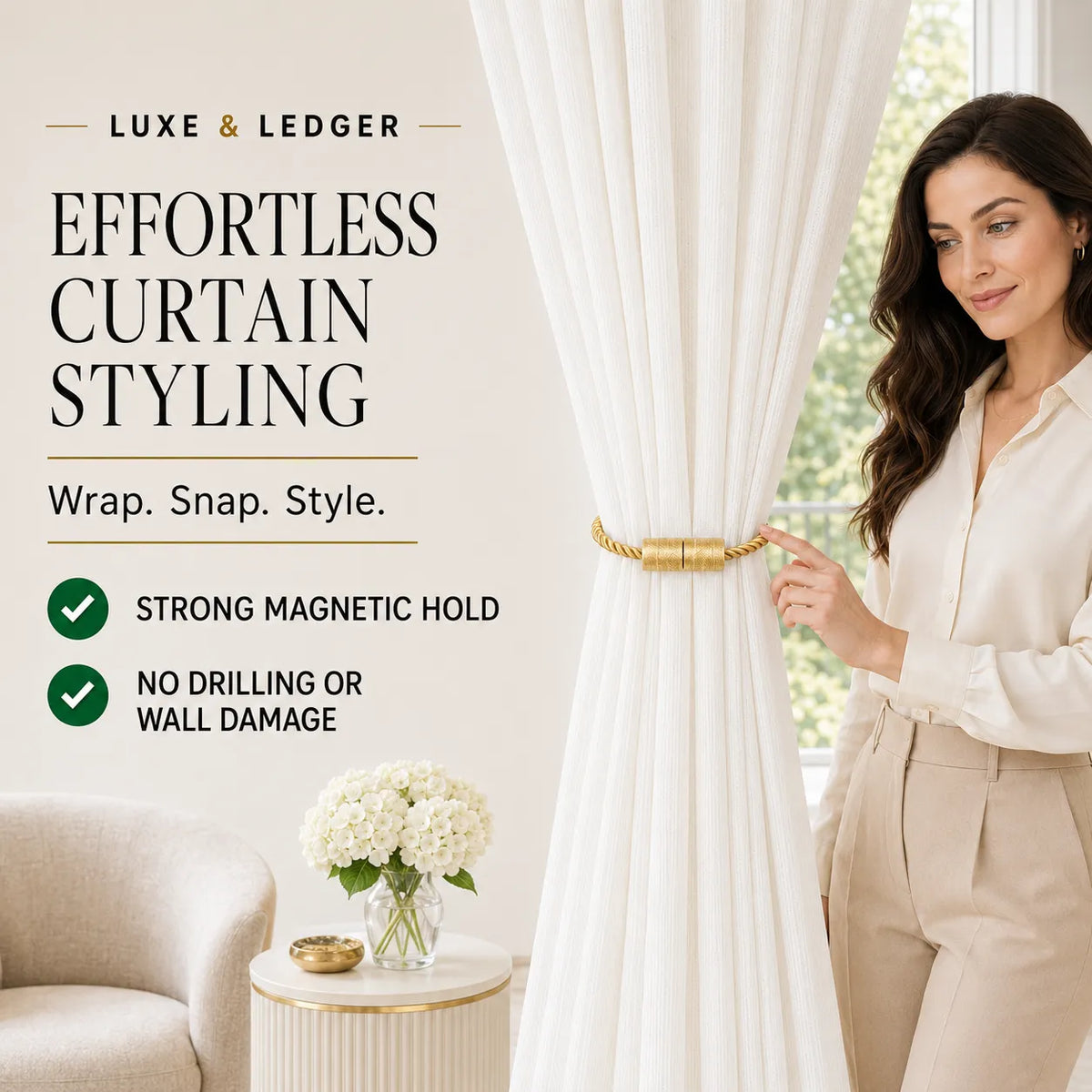 A woman in a beige blouse and trousers holds a white curtain with a gold magnetic tieback rod, set in a bright, modern room with promotional text on the left.