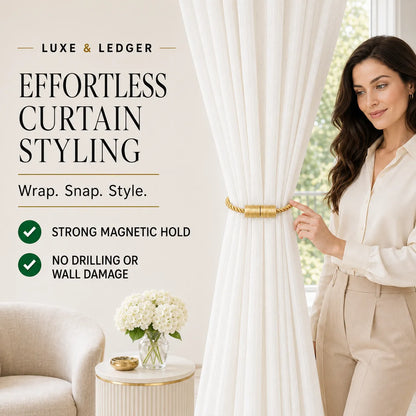 A woman in a beige blouse and trousers holds a white curtain with a gold magnetic tieback rod, set in a bright, modern room with promotional text on the left.