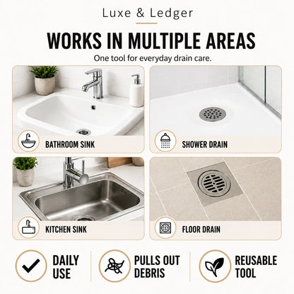 Promotional graphic for a drain cleaning tool by Luxe & Ledger, showing four inset photos of bathroom, shower, kitchen, and floor drains with text labels and feature icons for daily use, pull-out debris, and reusable tool.