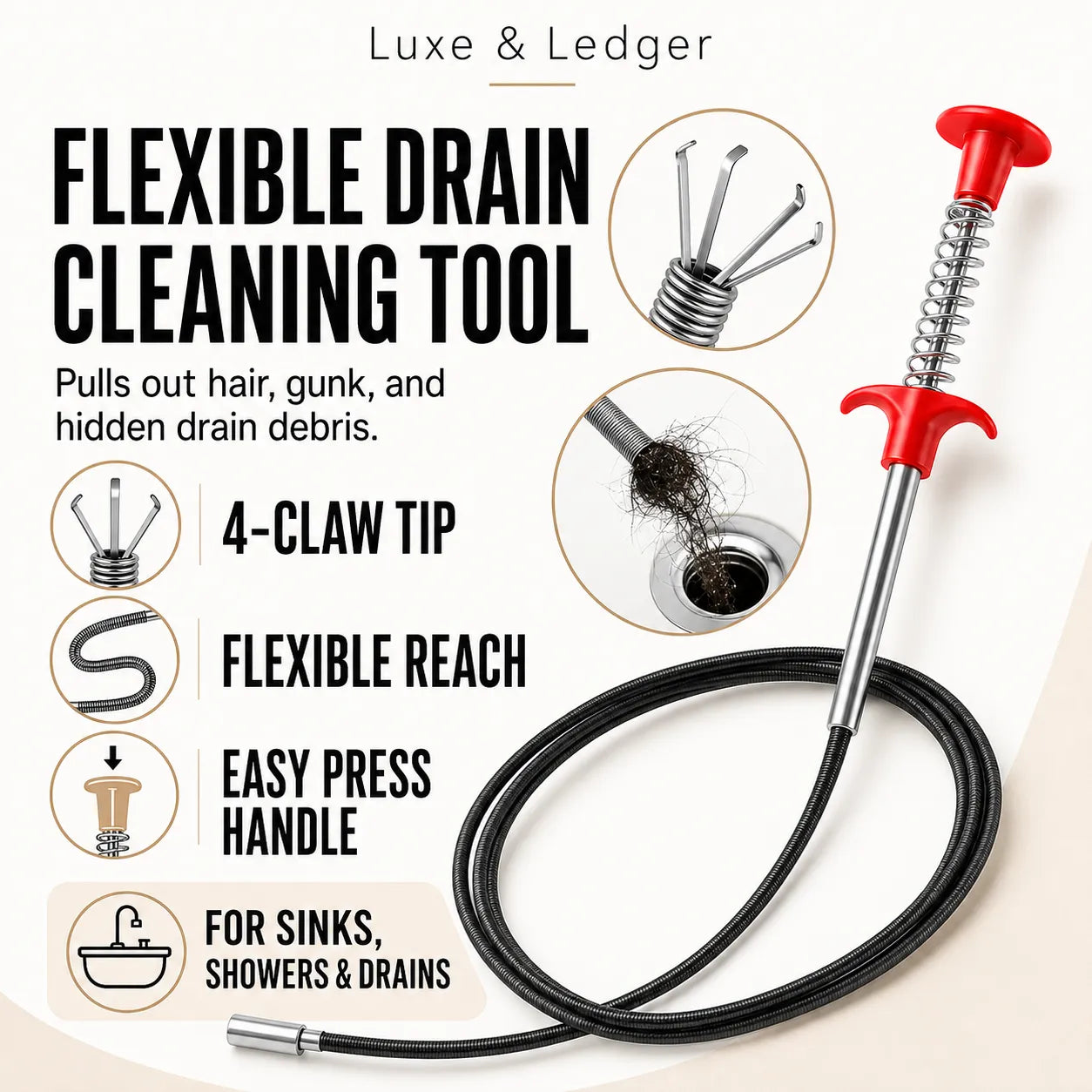 Flexible drain cleaning tool with a black coiled hose, silver metal spring and claw tips, and a red ergonomic handle, shown on a light beige background with product feature callouts and text.