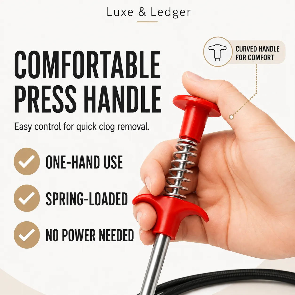 A hand holding a red and silver spring-loaded press handle with promotional text on a clean white background. The text reads 'Luxe & Ledger' and 'COMFORTABLE PRESS HANDLE' with feature checkmarks for one-hand use, spring-loaded design, and no power needed.