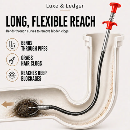 A flexible drain snake with a red handle and black coiled cord shown inserted into a white U-bend pipe. The image includes marketing text reading 'LONG, FLEXIBLE REACH' and feature icons for bending through pipes, grabbing hair clogs, and reaching deep blockages.