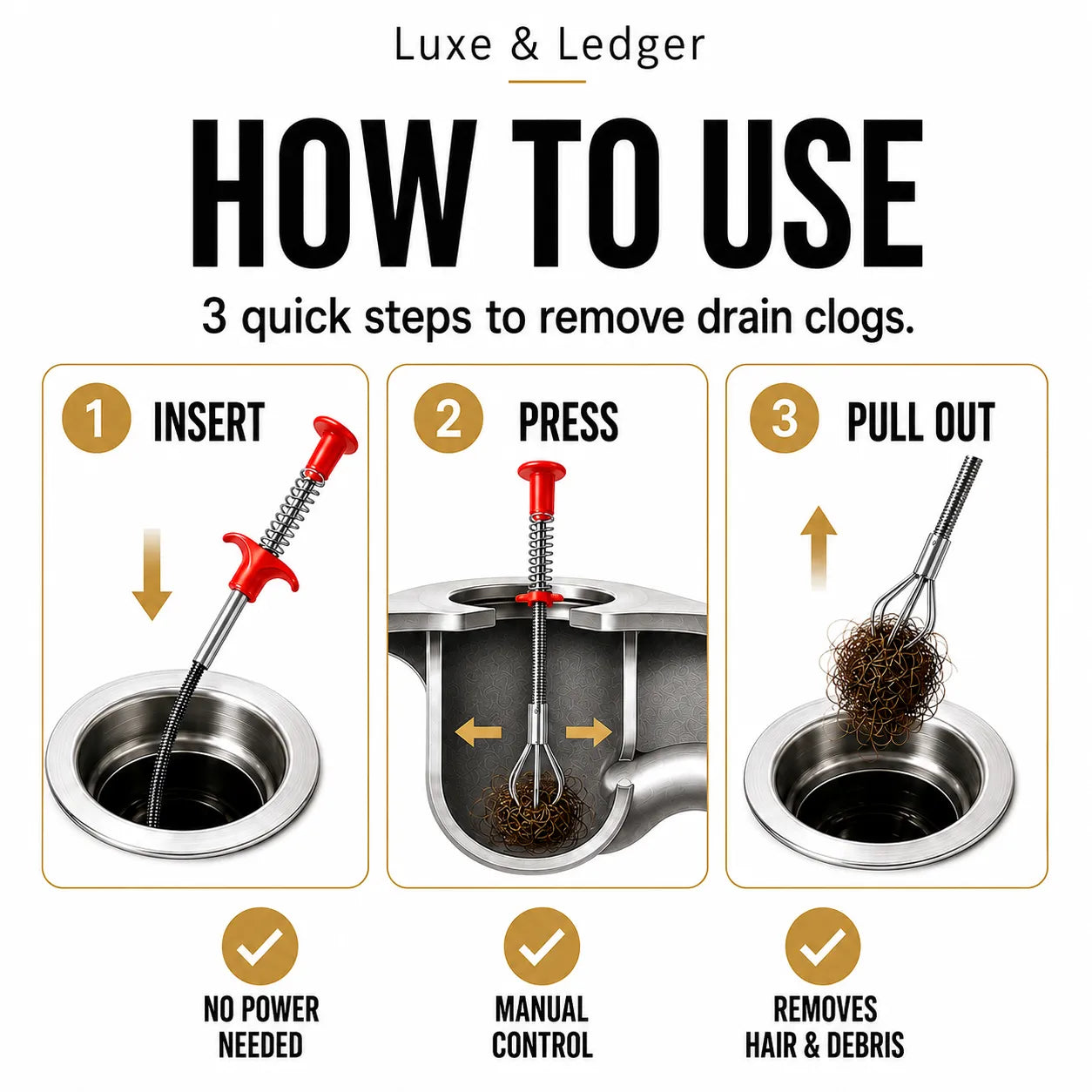 Instruction graphic titled 'HOW TO USE' for a Luxe & Ledger drain clog remover, showing three numbered steps: insert the tool into a drain, press to activate, and pull out a tangled hair and debris bundle. The image includes product-use text and icons on a white background.