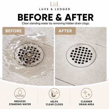 Before and after comparison graphic for a luxury drain cleaning product. The top text reads 'LUXE & LEDGER BEFORE & AFTER' with a subtitle about clearing standing water.