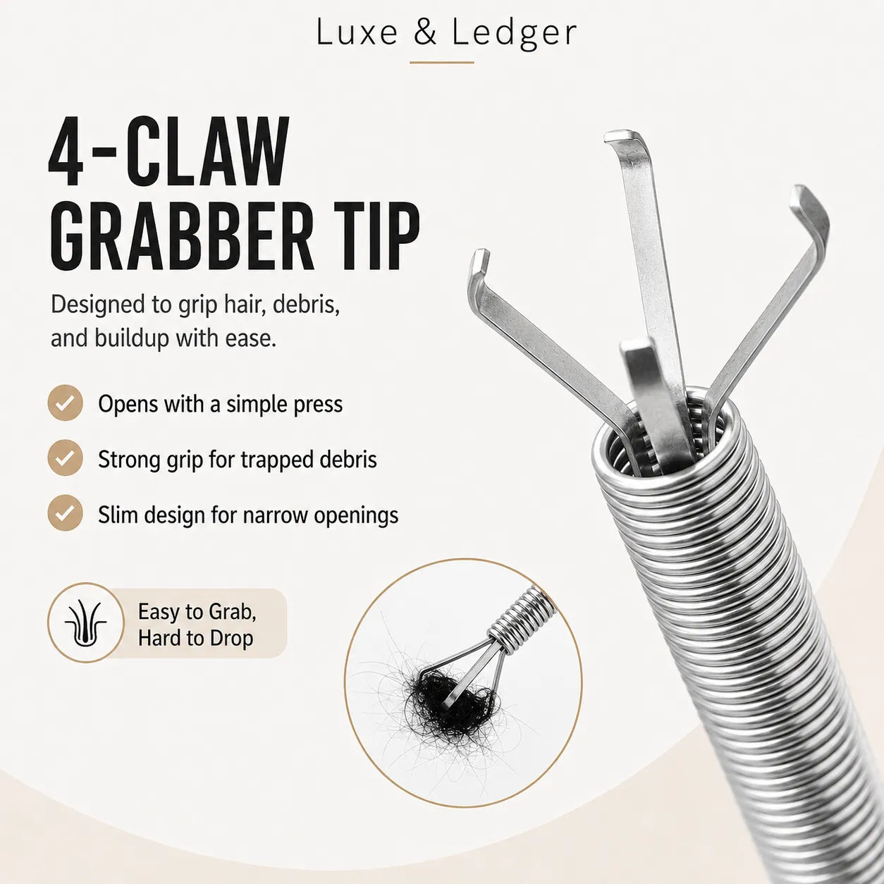 A promotional product graphic for a Luxe & Ledger 4-claw grabber tip. The image shows a close-up of a silver metal spring-loaded grabber tip on the right, with marketing text on the left describing its function for gripping hair, debris, and buildup.