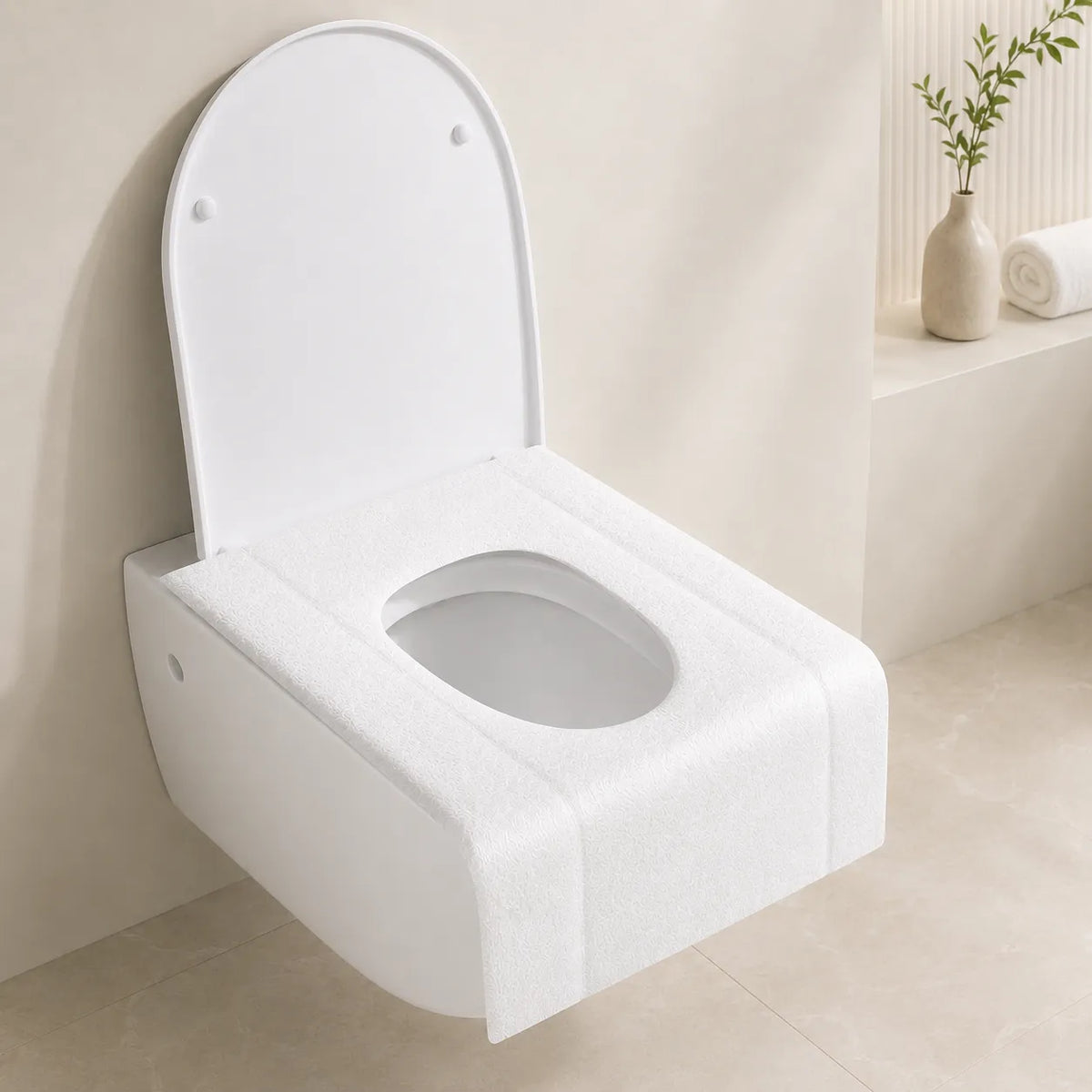 A white wall-mounted toilet with a raised lid and a textured white protective cover on the seat and bowl, shown in a clean, minimalist bathroom setting with beige tiles and a small vase in the background.