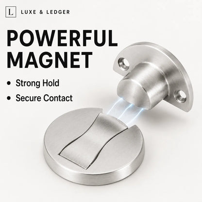 A brushed stainless steel magnetic door stopper shown on a clean white background with promotional text reading 'POWERFUL MAGNET' and bullet points 'Strong Hold' and 'Secure Contact.' The brand name LUXE & LEDGER appears at the top left.