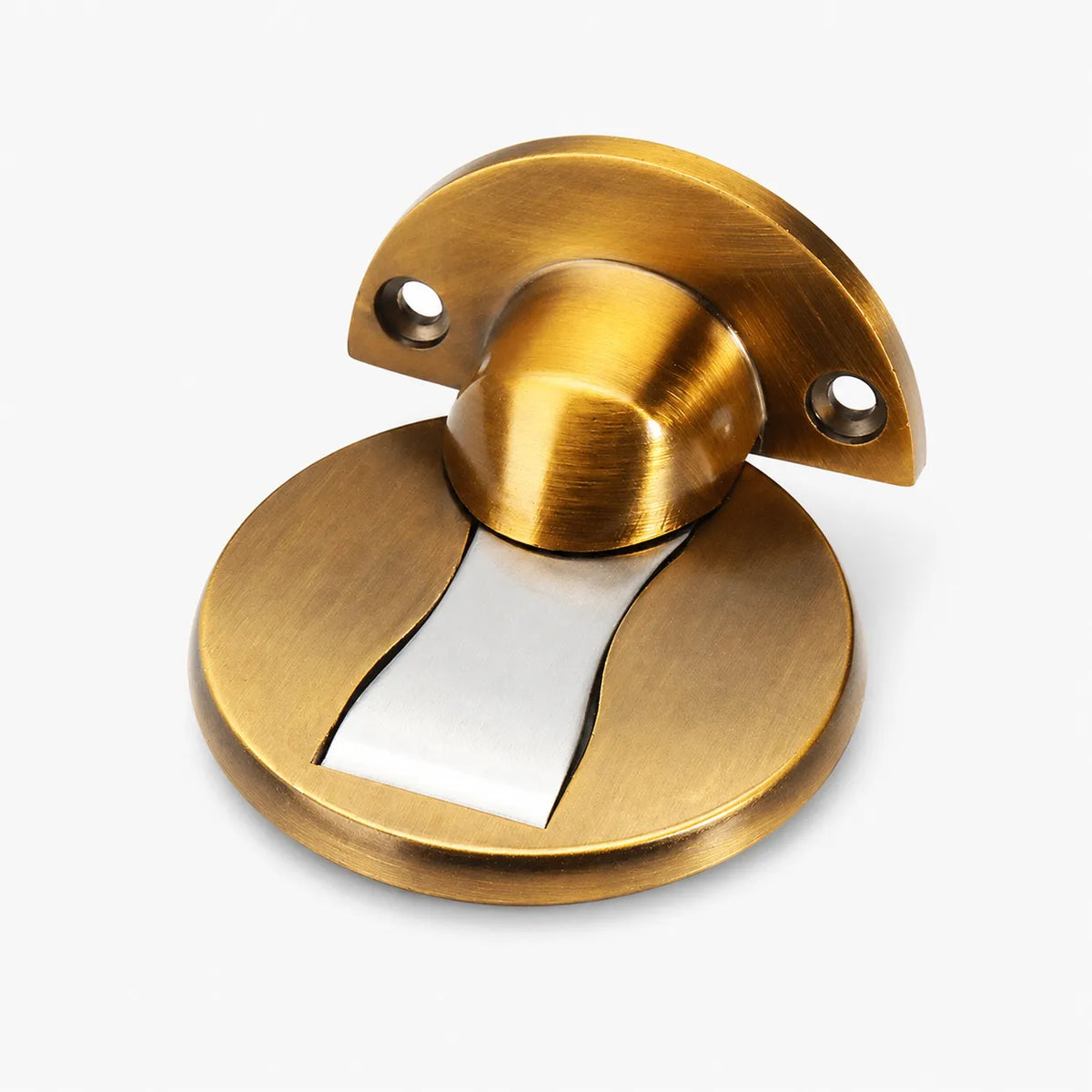 A brushed brass door pull knob with a matching round backplate and a central pull stem, shown on a clean white background.