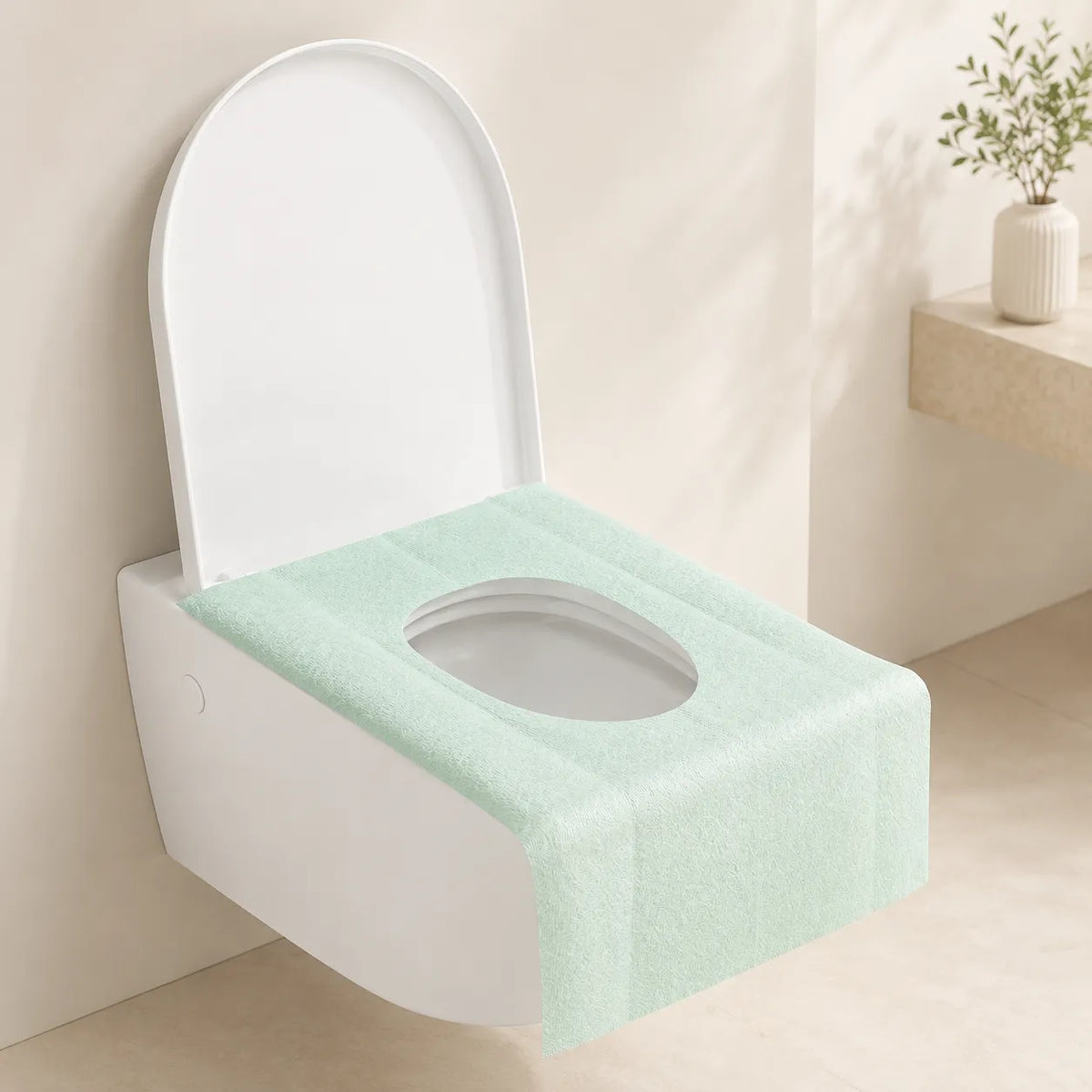 A mint green toilet seat liner with a circular cutout, shown on a white wall-mounted toilet in a clean, modern bathroom setting.