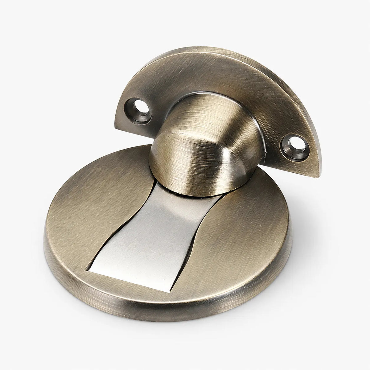 A round door stopper with a brushed brass finish and a central silver metal strip, shown on a light gray background.