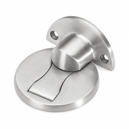 A brushed stainless steel door stopper with a circular base and a semi-circular mounting plate, shown on a plain white background.