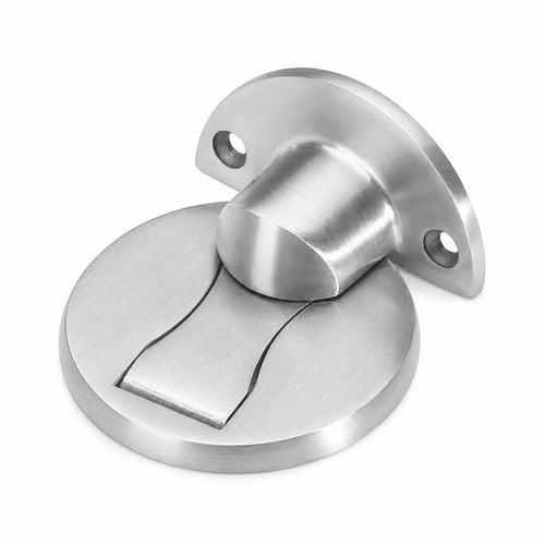 A brushed stainless steel door stopper with a circular base and a semi-circular mounting plate, shown on a plain white background.