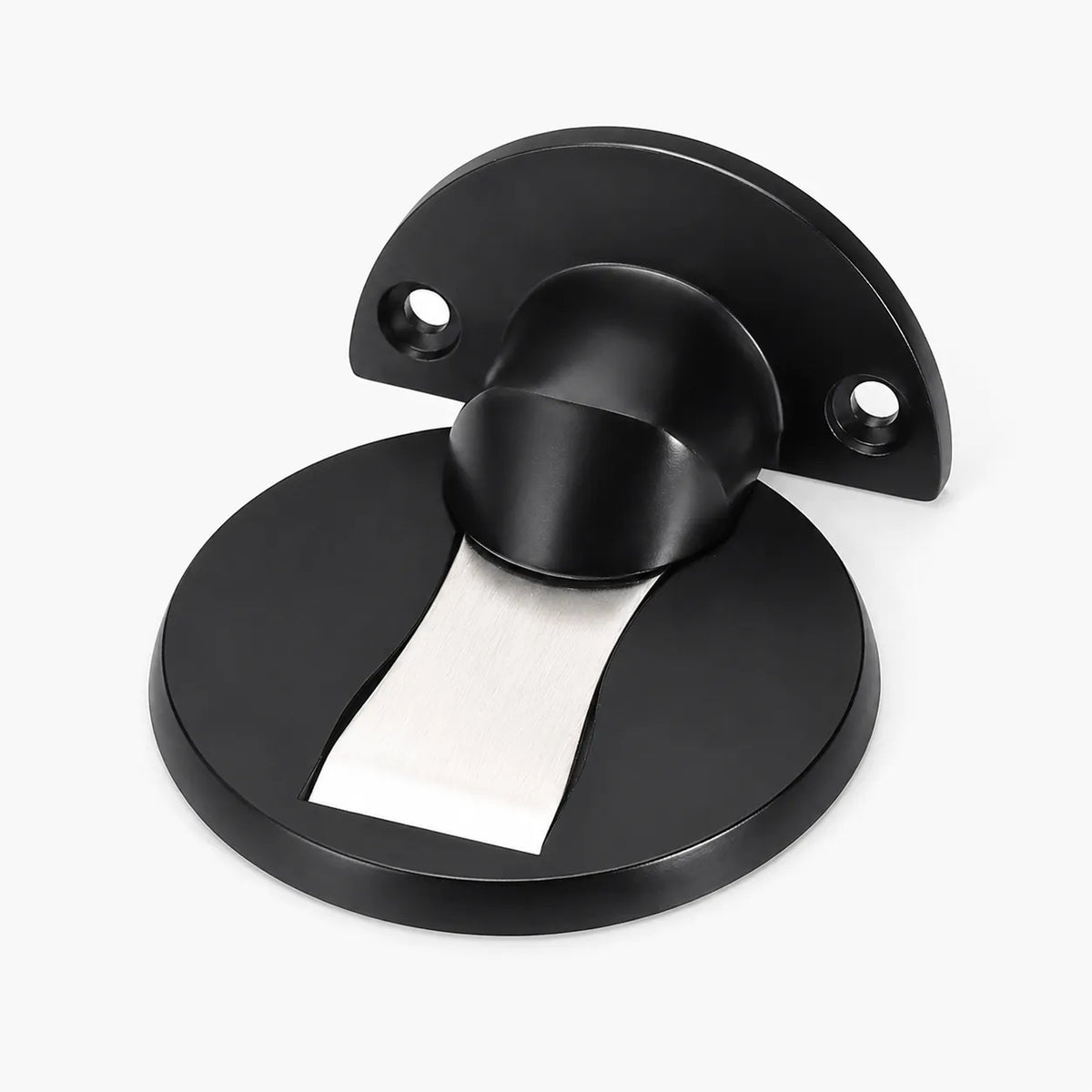 A black metal door stopper with a circular base, a central cylindrical post, and a semi-circular mounting bracket with two screw holes, shown on a light gray background.